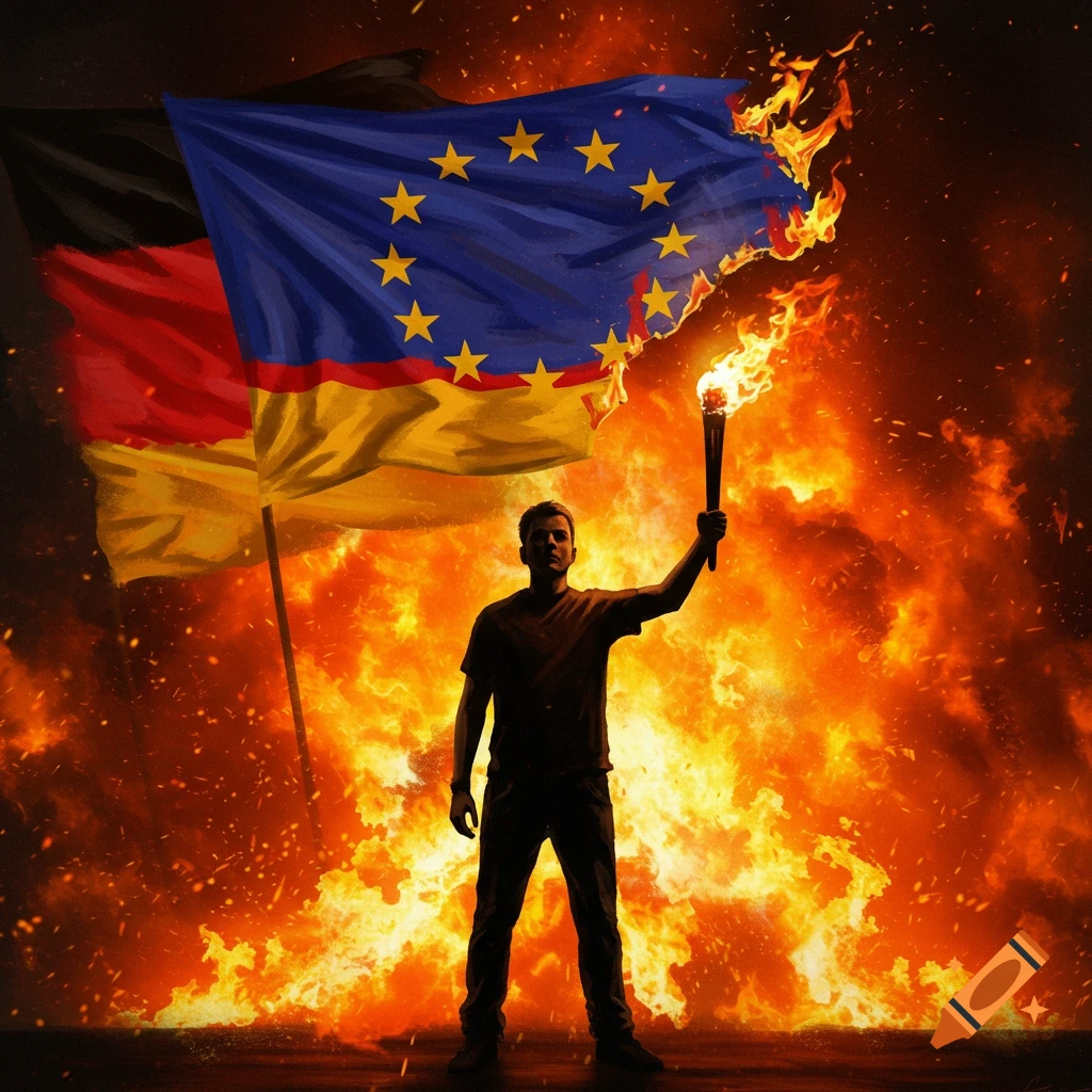 A person holds a torch before burning German and European Union flags amidst a fiery backdrop, symbolizing defiance.
