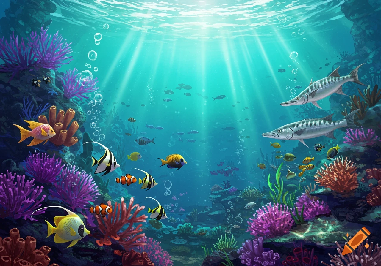 Vibrant illustration of an underwater coral reef scene with many colorful fish swimming and sunbeams shining from above.