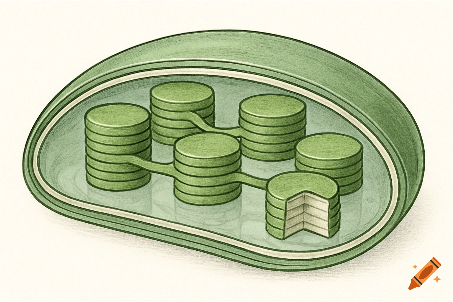 A minimalist biology textbook-style illustration of a chloroplast cut open, showing stacks of grana connected by lamellae inside a double membrane.
