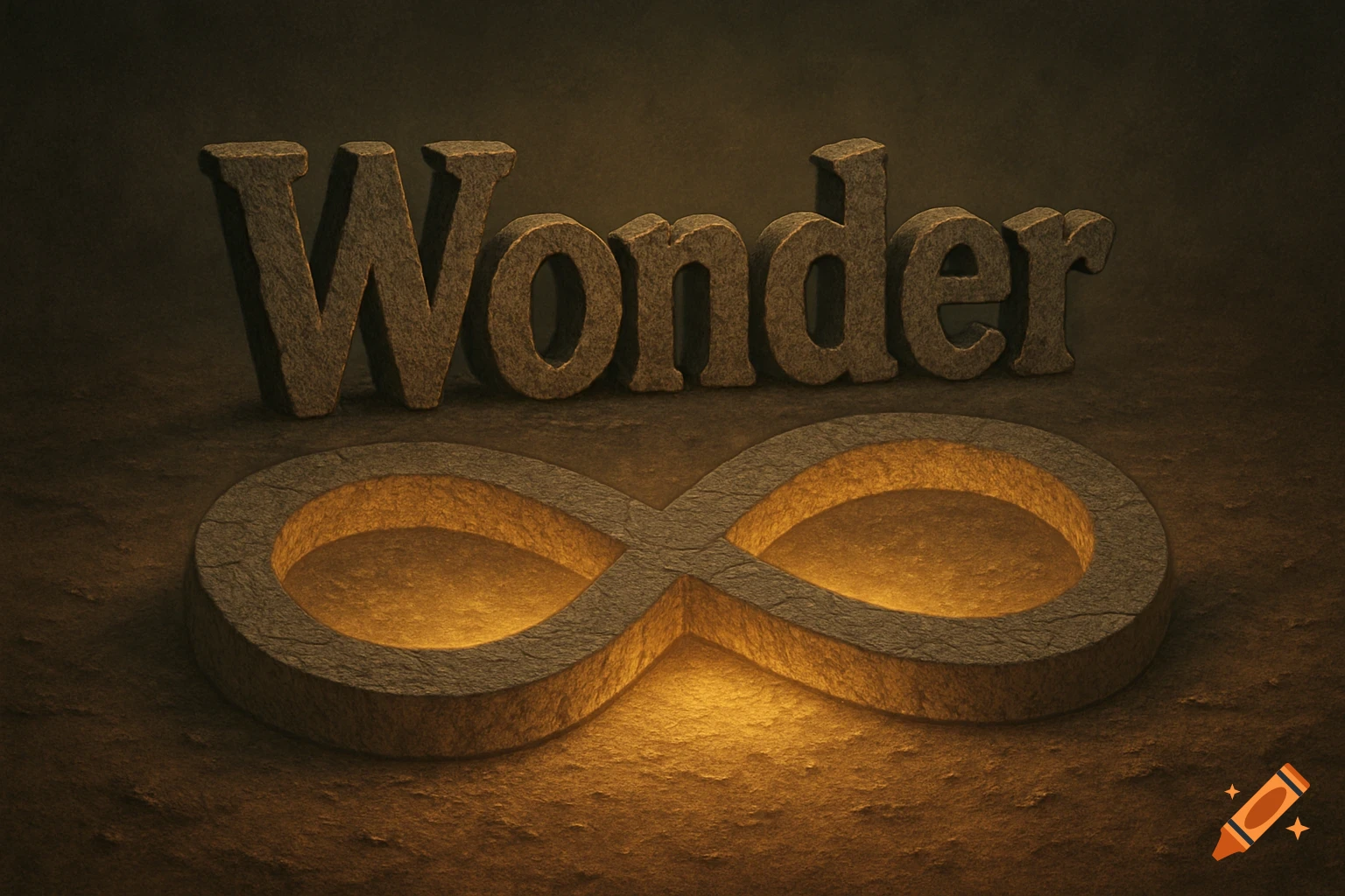 The word "Wonder" in stone blocks over a glowing stone infinity symbol on a textured ground.