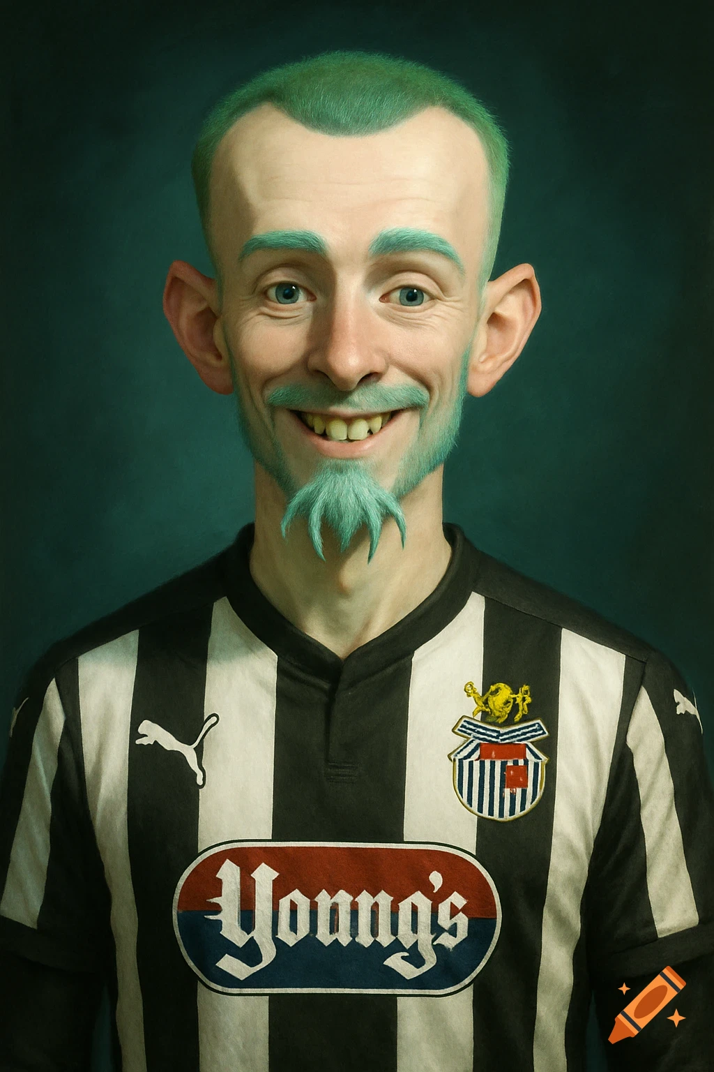 A man with green hair, light blue eyebrows and a spider-like beard smiles, wearing a black and white striped soccer jersey with a "Young's" sponsor and a badge.