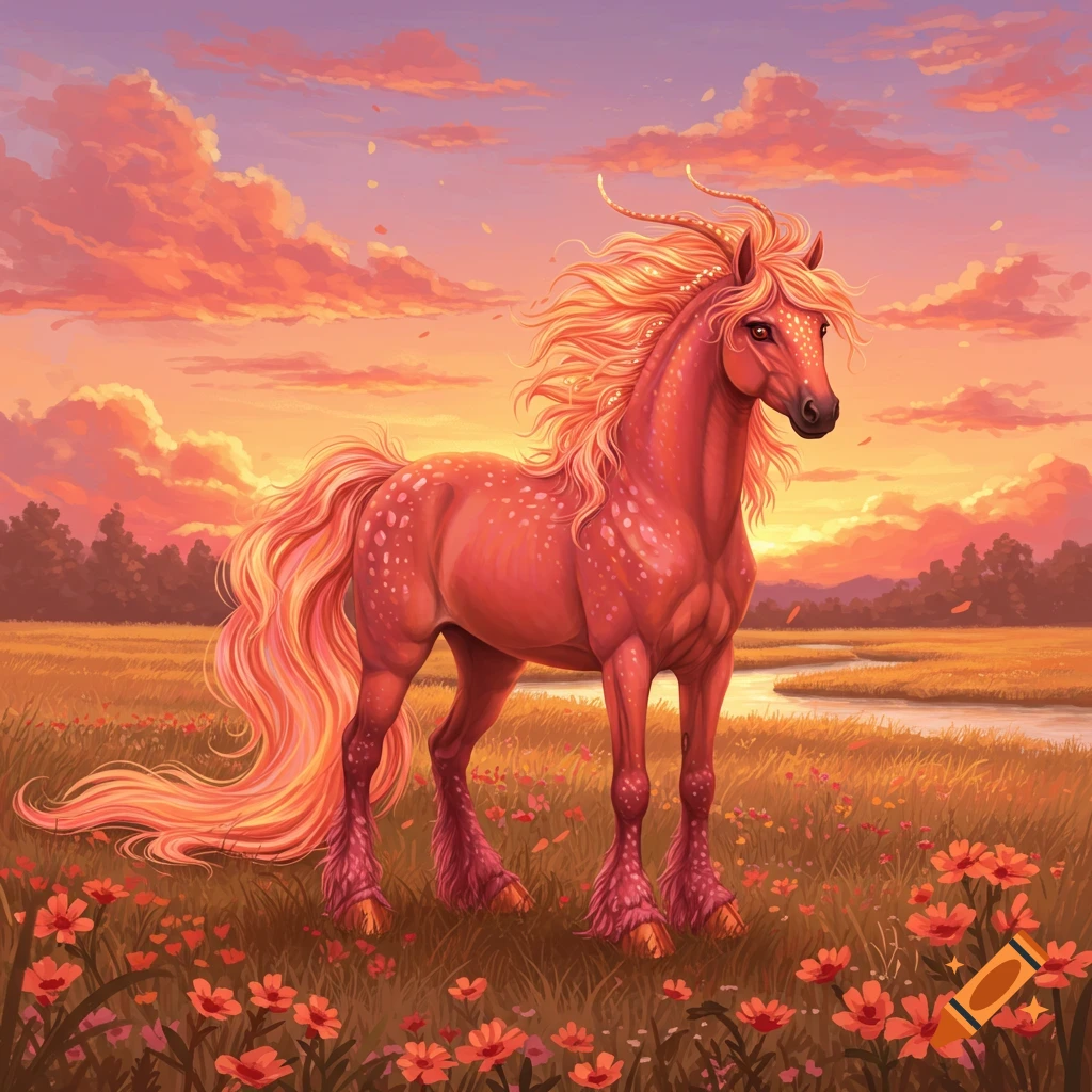 A vibrant pink and orange fantasy horse with a flowing mane stands in a flower-filled meadow at sunset, a river in the background.
