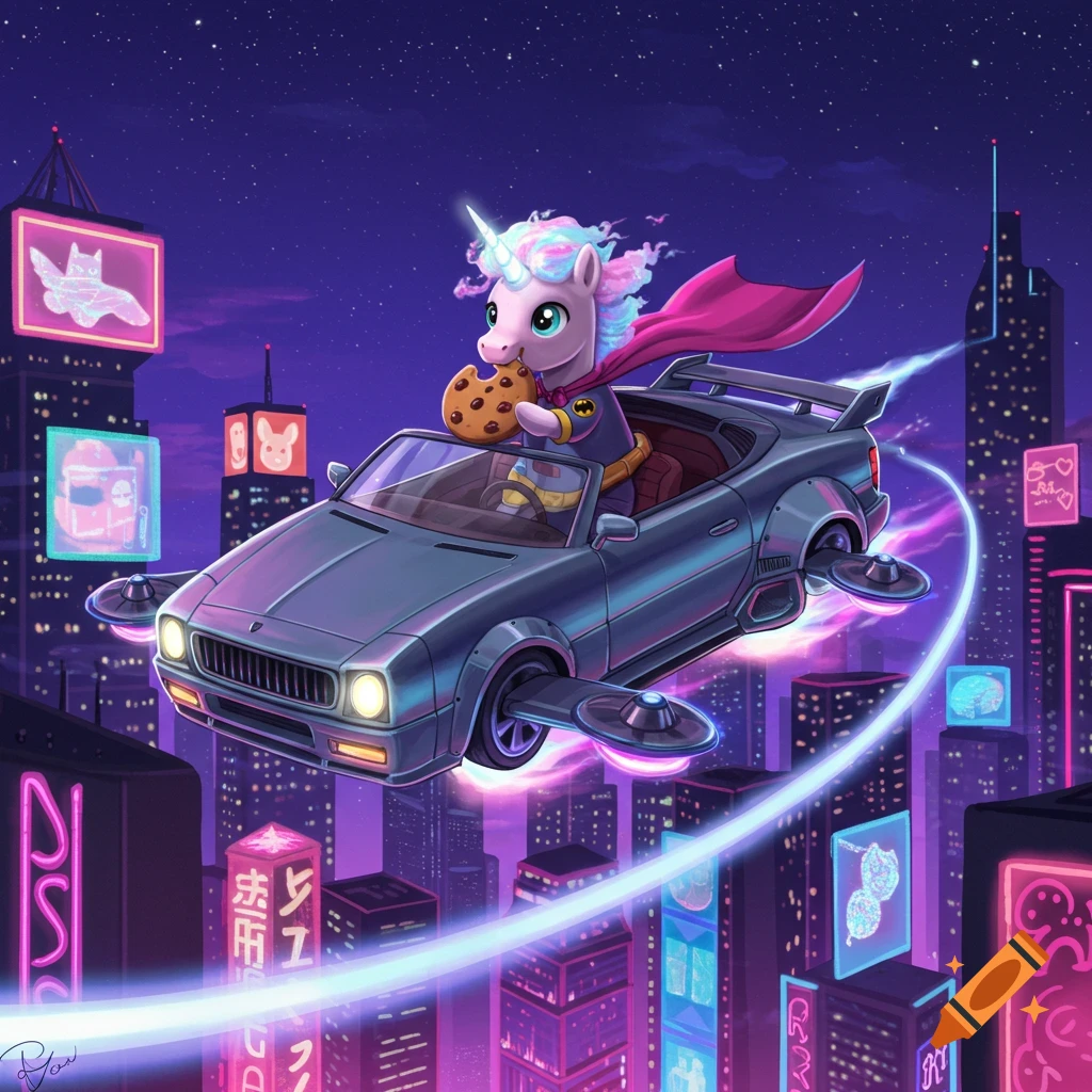A cartoon unicorn dressed as Batman drives a flying car while eating a cookie over a vibrant, neon-lit futuristic city at night.