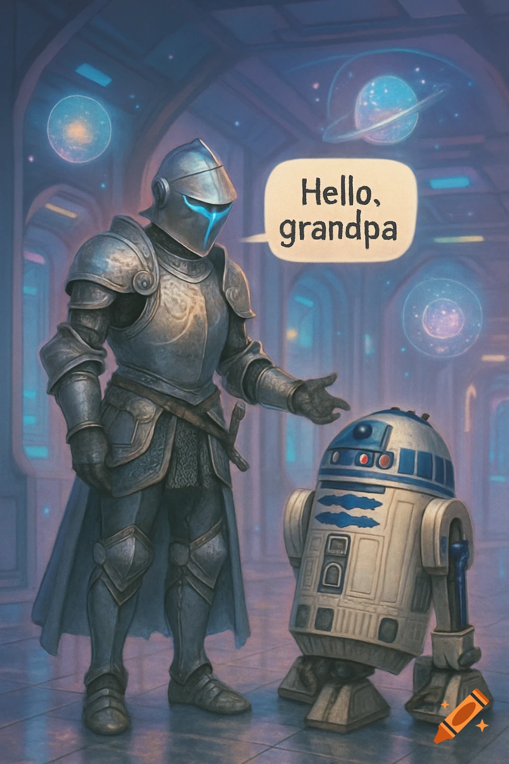 A knight in futuristic armor gestures to R2-D2 in a sci-fi setting, with a speech bubble saying 'Hello, grandpa'.