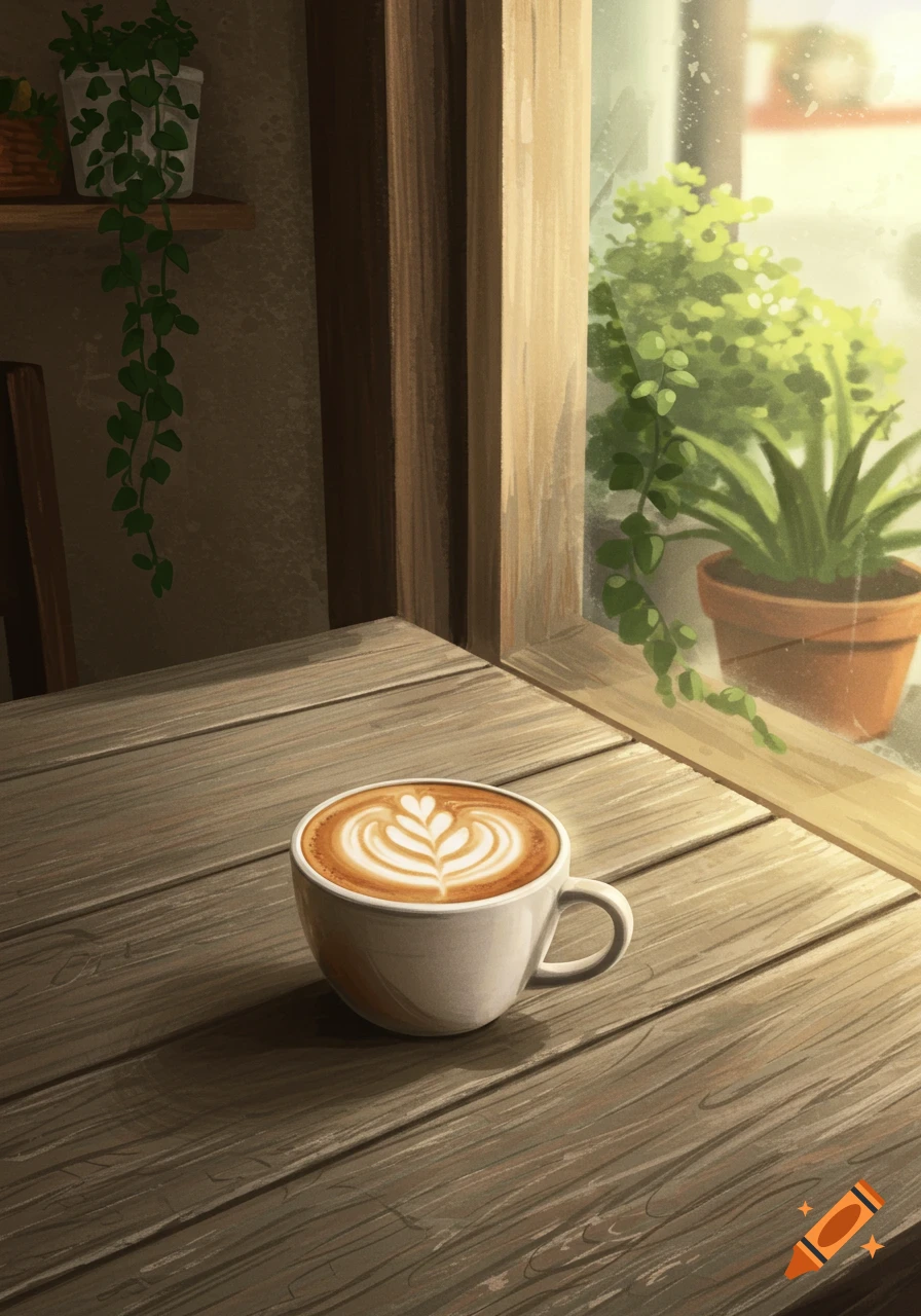 Illustrated cup of cappuccino with latte art on a wooden table, next to a sunlit window with potted plants.