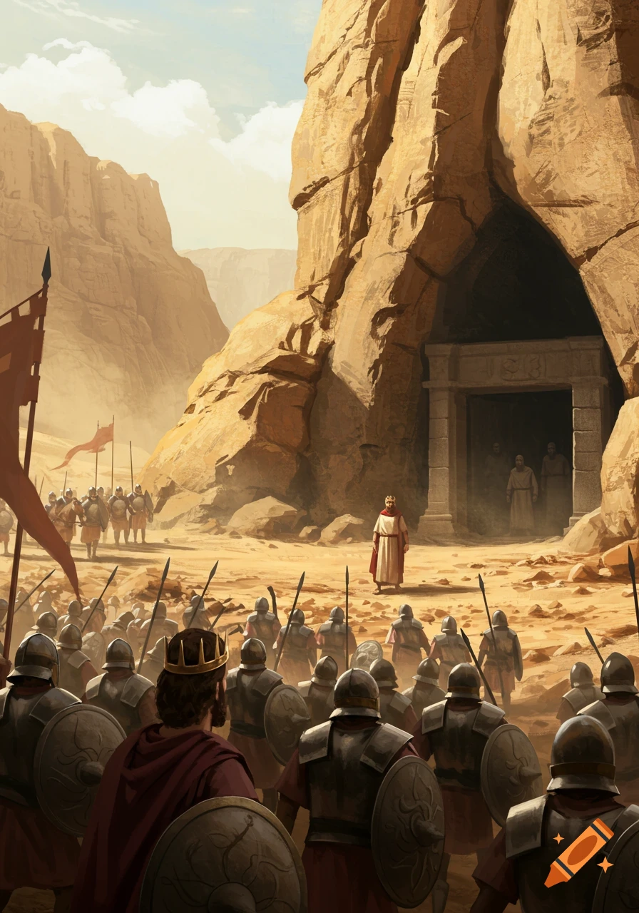 A king in a white robe stands before a cave entrance in a desert canyon, facing an army of soldiers in armor and shields.