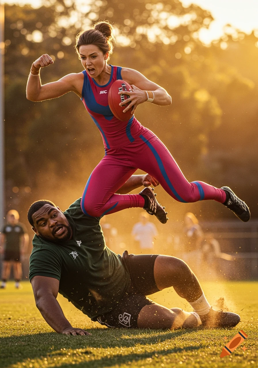 A woman in pink and blue athletic wear jumps over a man in a green shirt and black shorts on a grassy field, holding a football. Golden hour lighting.