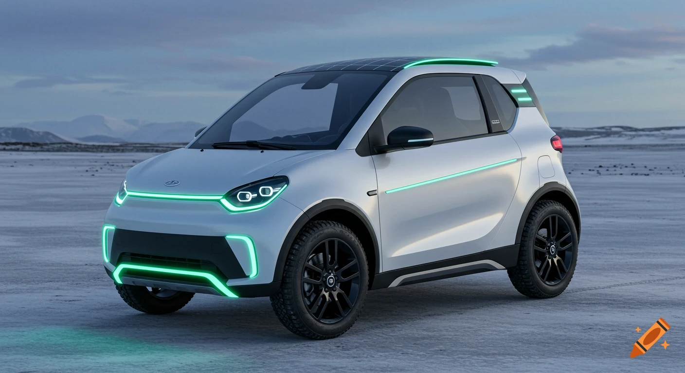A sleek, white electric micro-SUV with green LED lights and solar panels sits on an icy, snowy landscape.