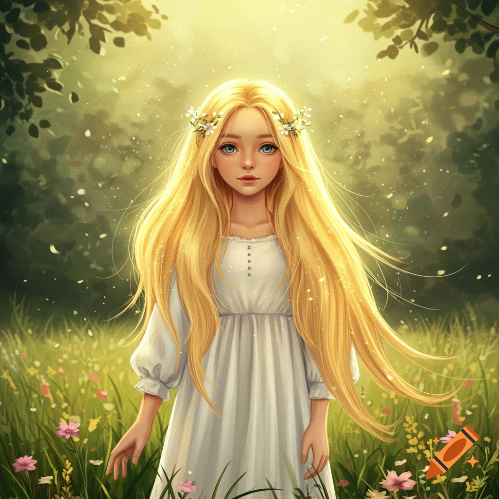 A young girl with long blonde hair and a white dress stands in a sunlit meadow filled with colorful flowers, digital art.