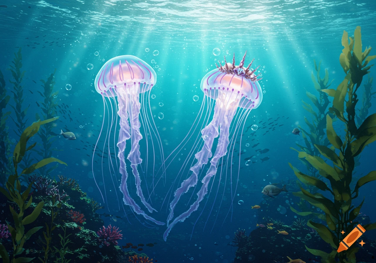 Two glowing jellyfish, one wearing a crown, swim in a deep blue ocean filled with sunlight rays, bubbles, seaweed, coral, and small fish.