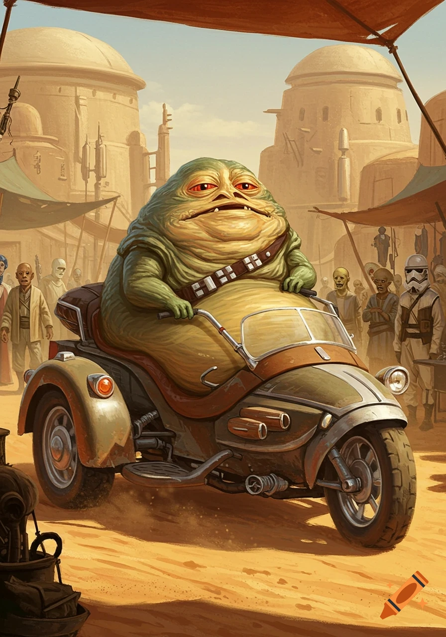Jabba the Hutt, wearing a bandolier, rides a customized three-wheeled vehicle through a bustling desert market with domed buildings.
