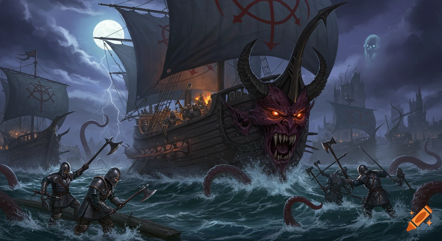 A dark fantasy naval battle under a full moon, featuring a demon-prowed warship with Chaos symbols, soldiers, and tentacles in stormy seas.