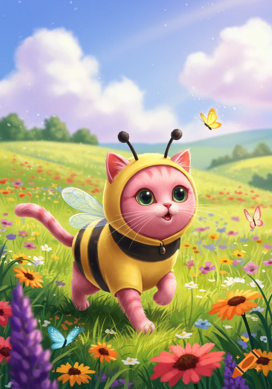 A cartoon pink cat in a bee costume runs through a vibrant flower field with butterflies.