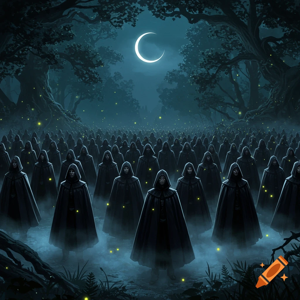 A vast army of mysterious hooded figures in black cloaks stands in a misty, moonlit forest with glowing fireflies and large trees.