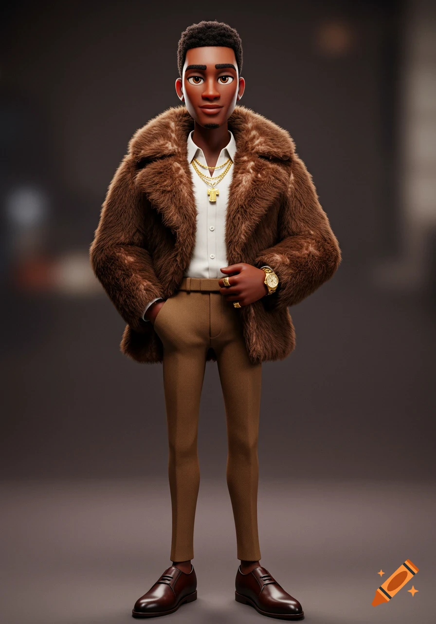 A confident 3D Pixar-style young Black man in a luxurious brown fur coat, white shirt, brown pants, and gold jewelry.