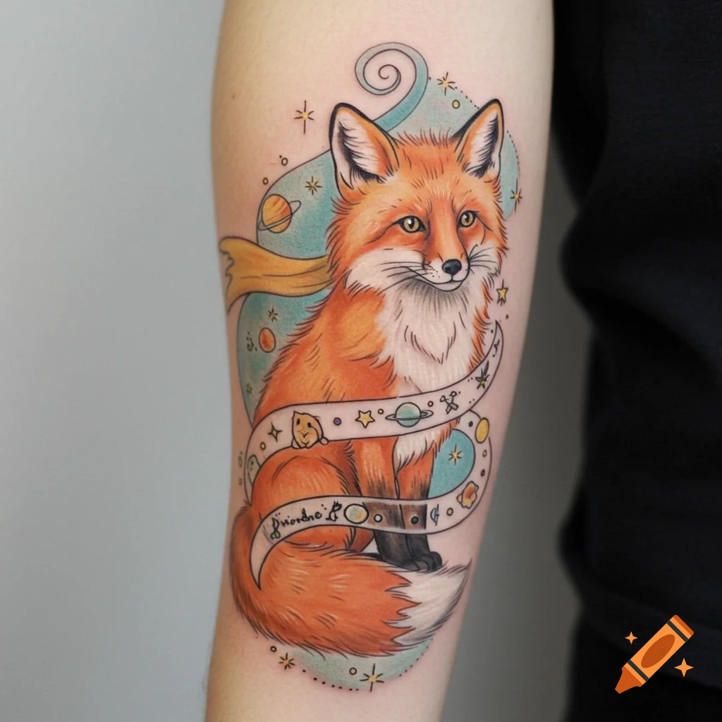 A colorful cartoon-style tattoo of an orange fox with a yellow scarf and celestial elements, wrapped in a ribbon, on a person's arm.