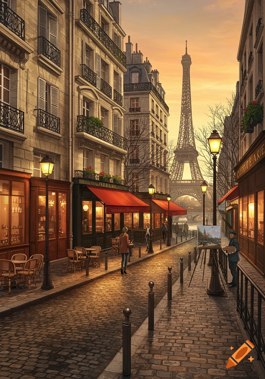 A charming Parisian street scene at sunset, with cobblestones, quaint shops, an artist painting, and the Eiffel Tower in the distance.