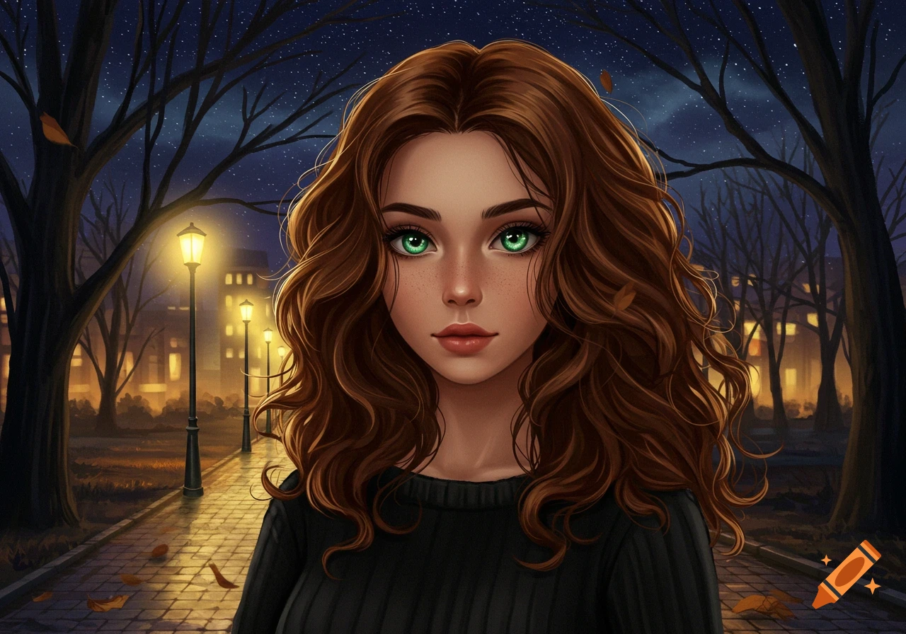 Close-up digital art portrait of an anime woman with brown curly hair, green eyes, and freckles, wearing a black sweater, standing on a path at night with streetlights and trees.