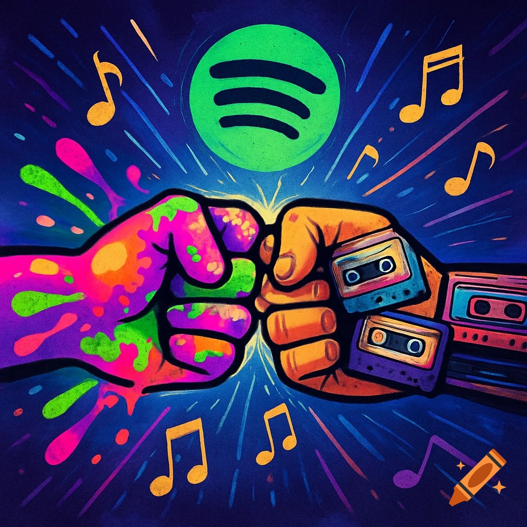 Two stylized fists bump, one covered in neon paint, the other with cassette tapes. A green Spotify logo and musical notes float against a dark, glowing background.