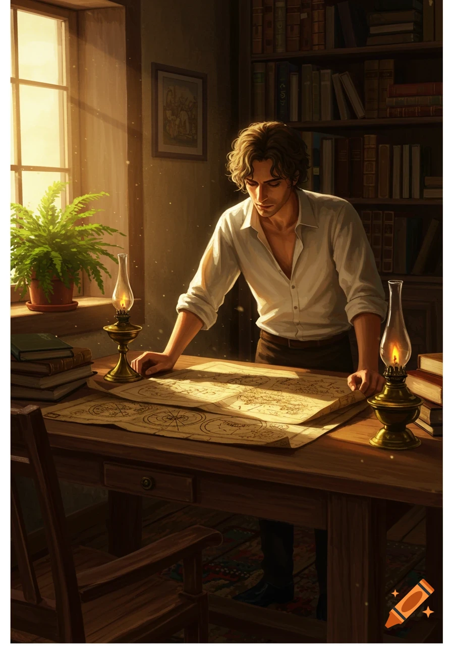 A man with curly hair leans over a wooden table, studying old maps in a sunlit, lamp-lit study.