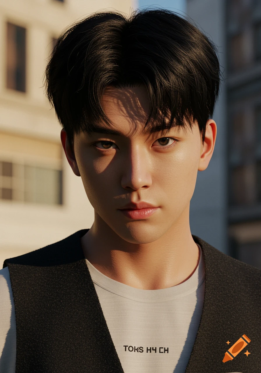 Close-up photorealistic portrait of a young Korean man with black hair looking directly at the viewer.