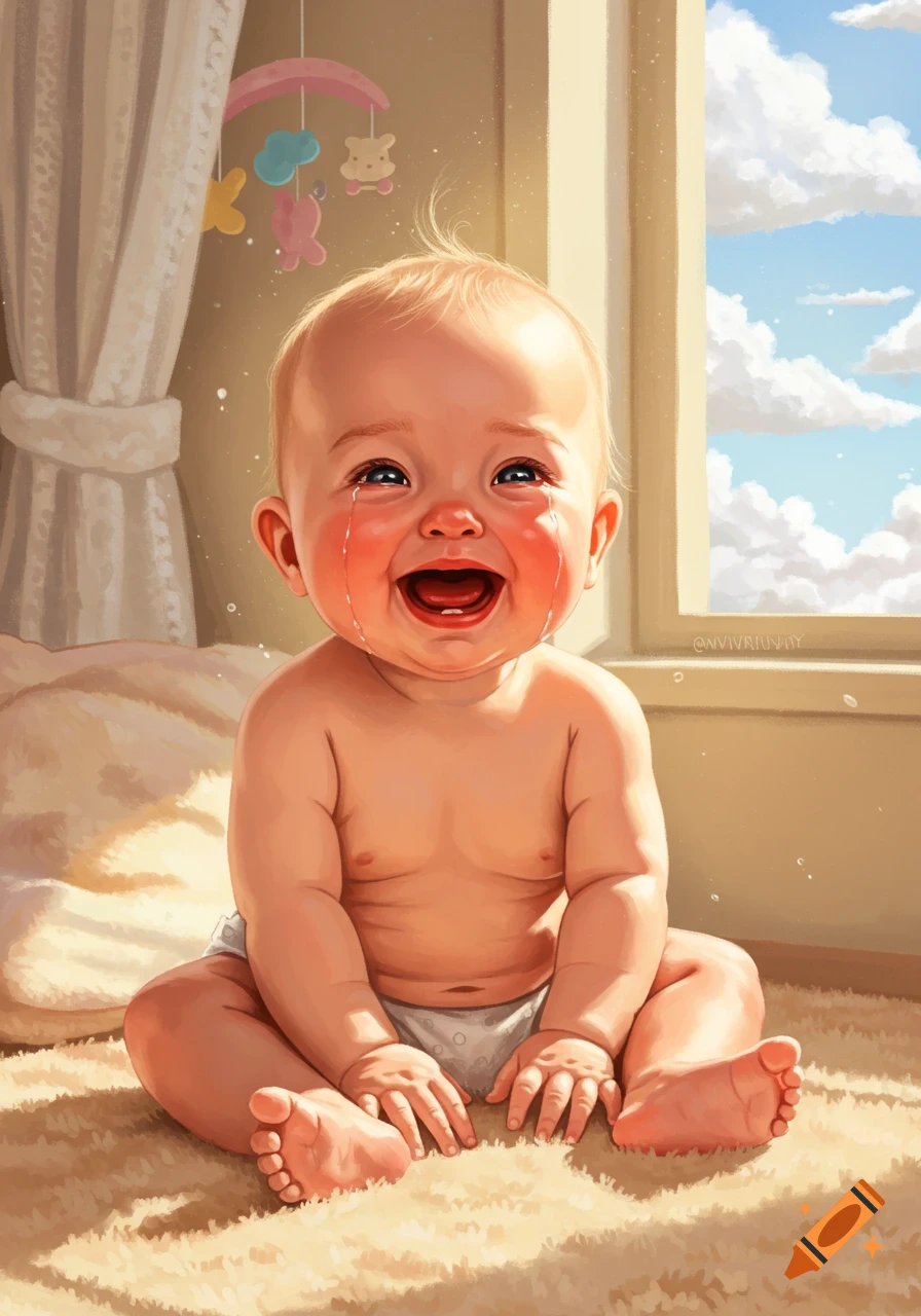 A smiling baby with tears streaming down its red cheeks, sitting on a fluffy rug by a window in a colorful illustration.