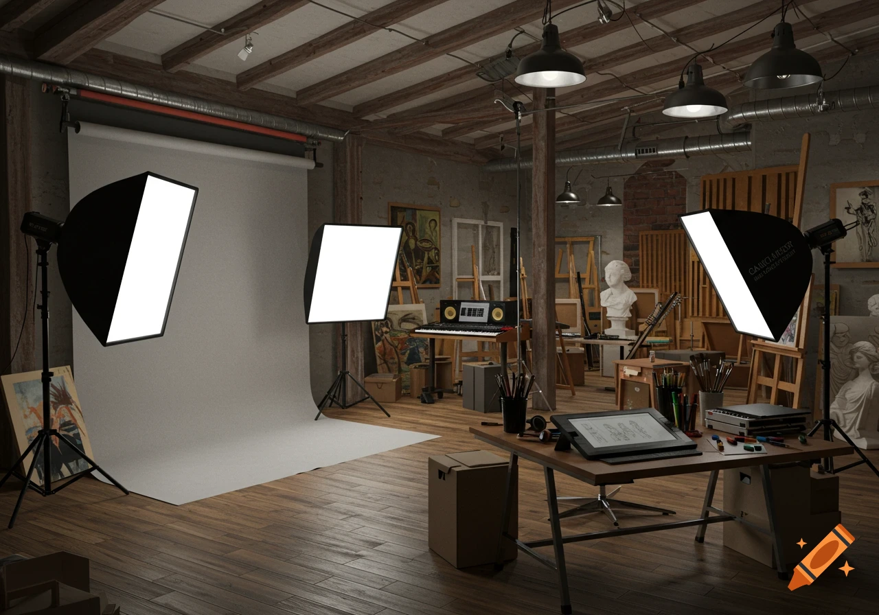 A detailed, realistic view of a large creative studio space with photography equipment, art easels, paintings, a keyboard, and a design desk.