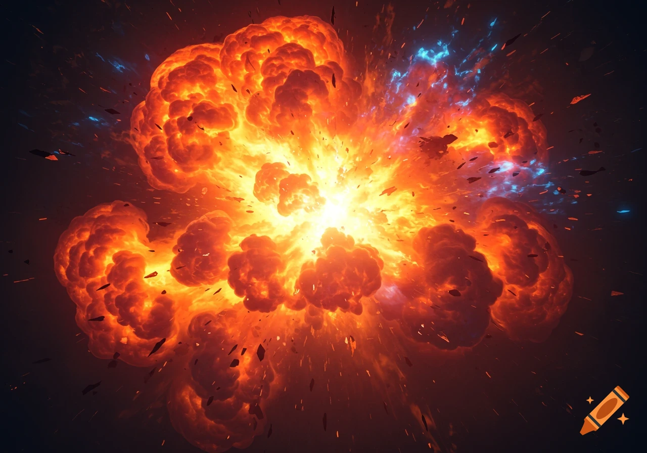 A dramatic, fiery explosion with bright orange and red flames, smoke, and debris bursting outwards against a dark background.