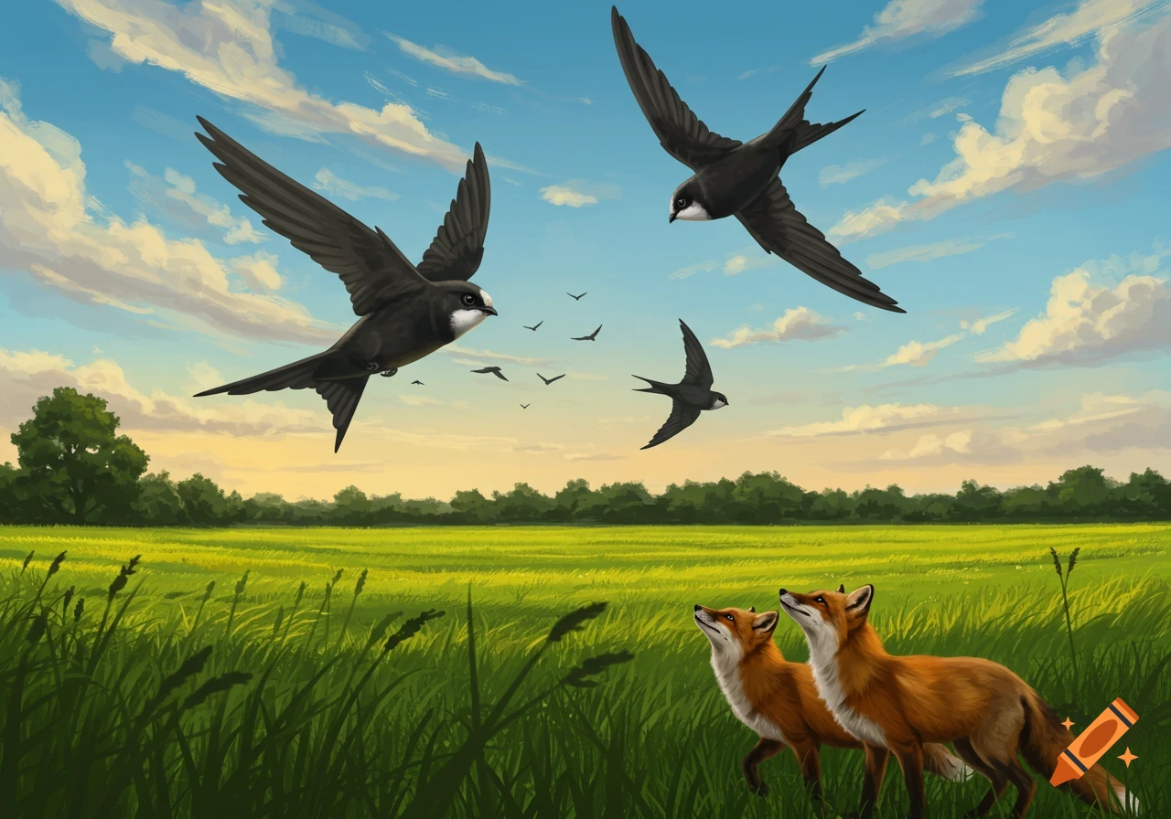 Two red foxes look up at several black and white swifts flying over a vibrant green field under a partly cloudy sky.