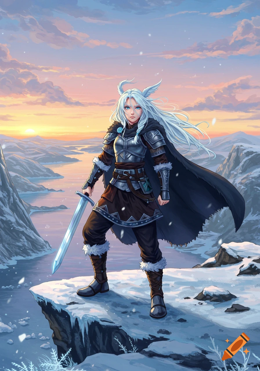 An anime-style female warrior with white hair and armor stands on a snowy cliff holding a sword, overlooking a frozen landscape at sunset.