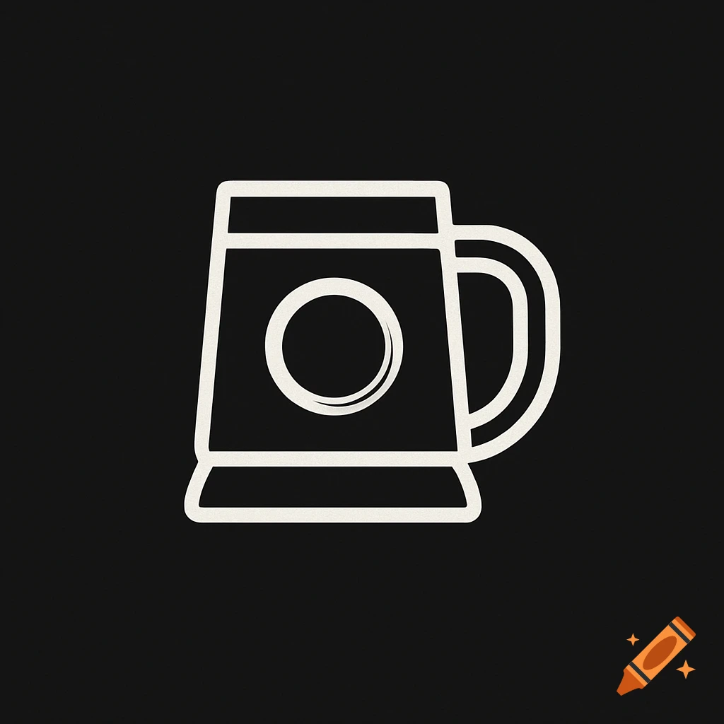 A minimalist white outline logo of a tavern mug with a central ring, on a black background.