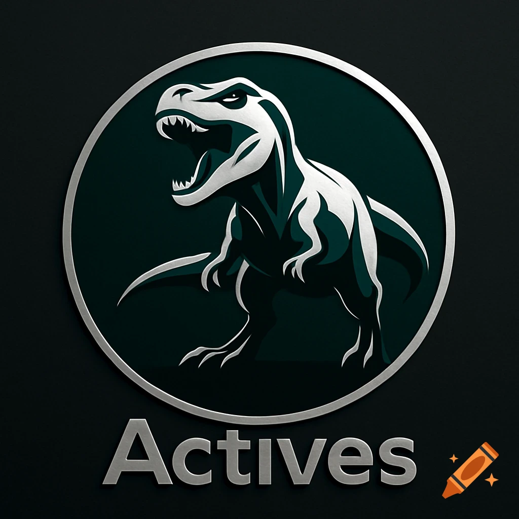 Circular logo of a stylized white and dark green T-rex with a silver border, above metallic text 'Actives' on a dark background.