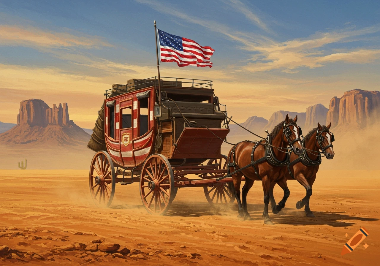 An American flag flies above a horse-drawn stagecoach traversing a vast desert landscape with mesa formations.