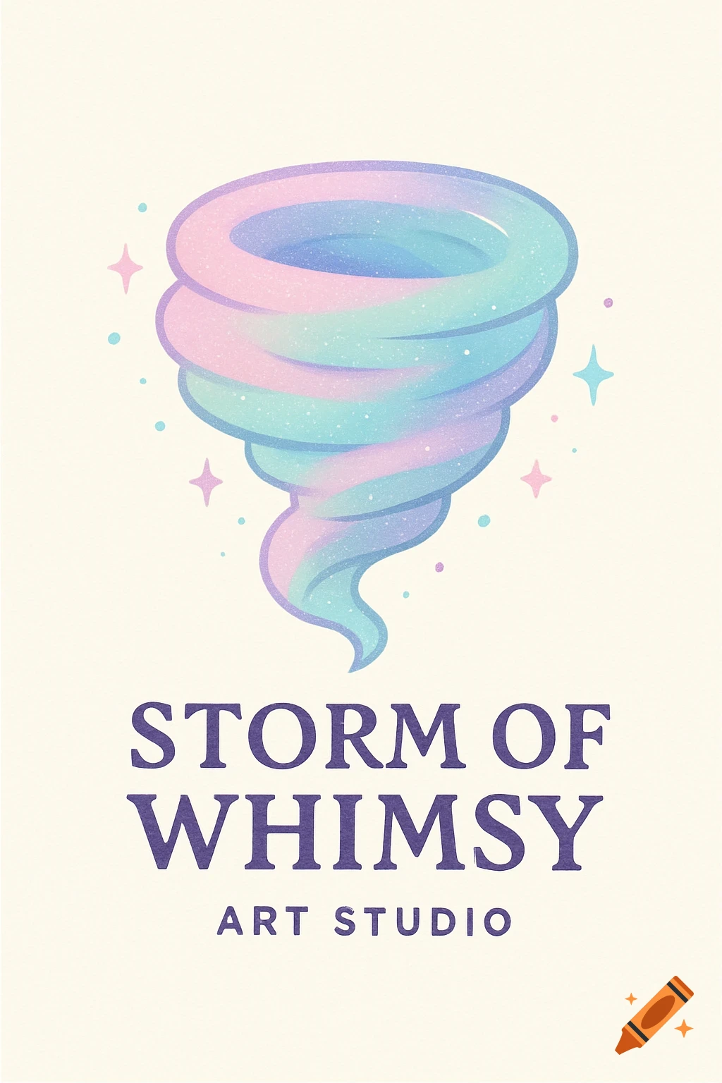 A whimsical logo for 'Storm of Whimsy Art Studio' featuring a pastel cotton candy tornado with glitter on a cream background.