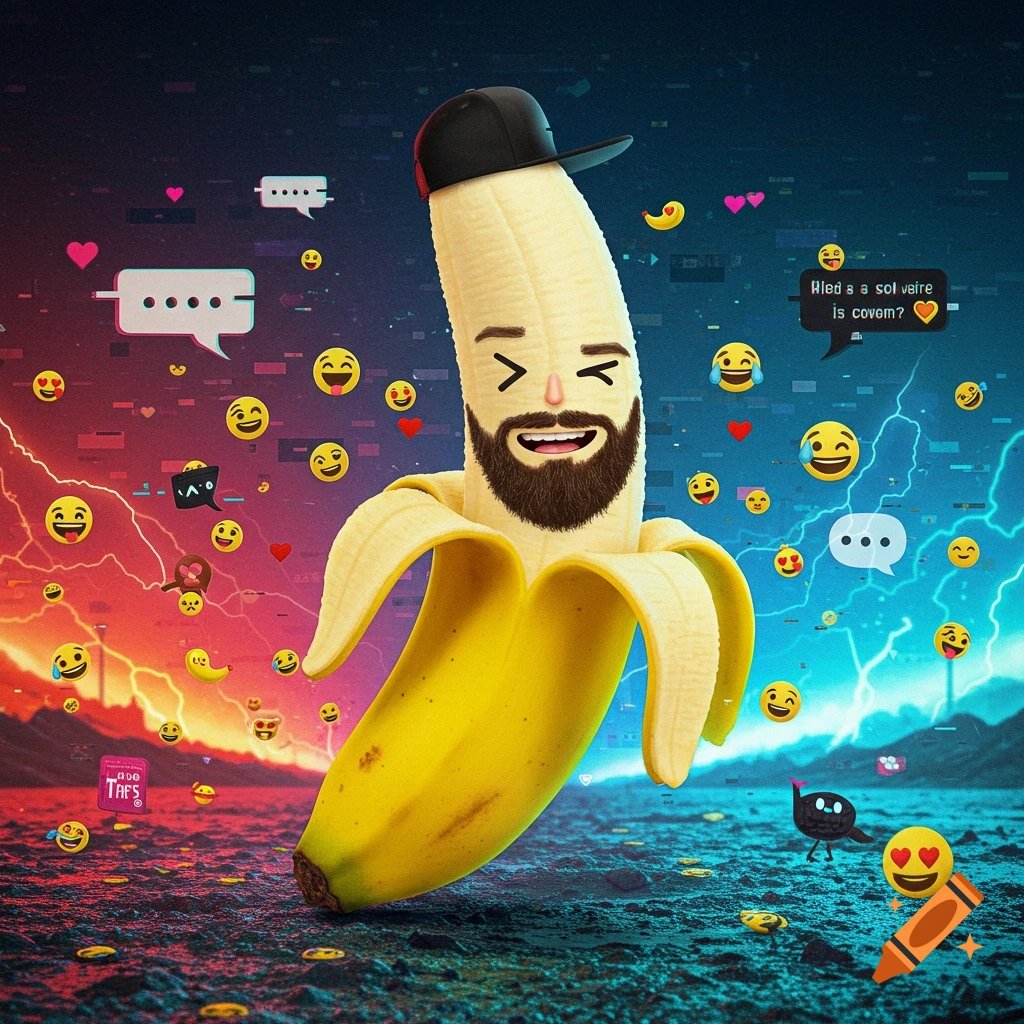 A cartoon banana character with a beard and baseball cap, surrounded by emojis and digital glitch effects, against a split red and blue background.