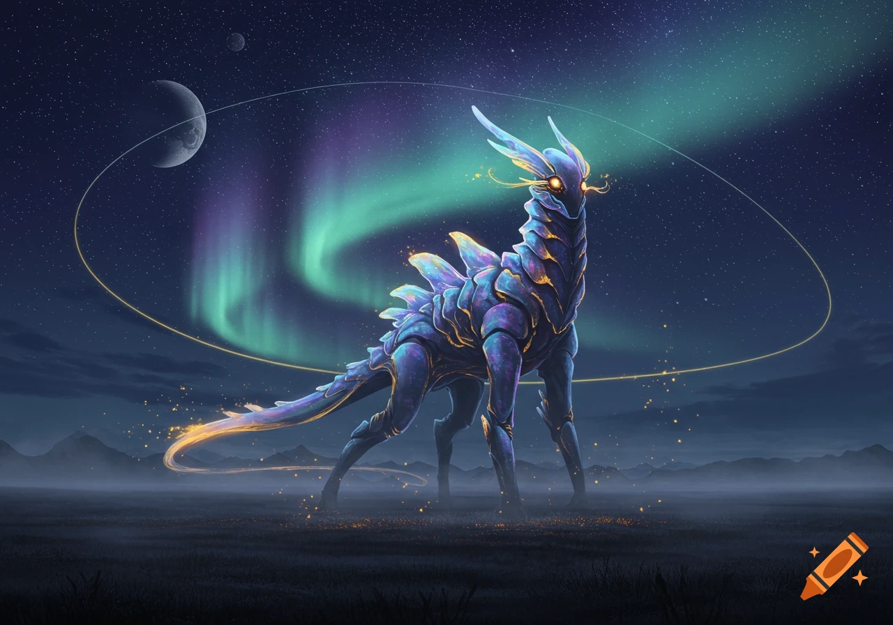 A majestic glowing blue and purple fantasy creature stands under a starry night sky with green aurora and moons.