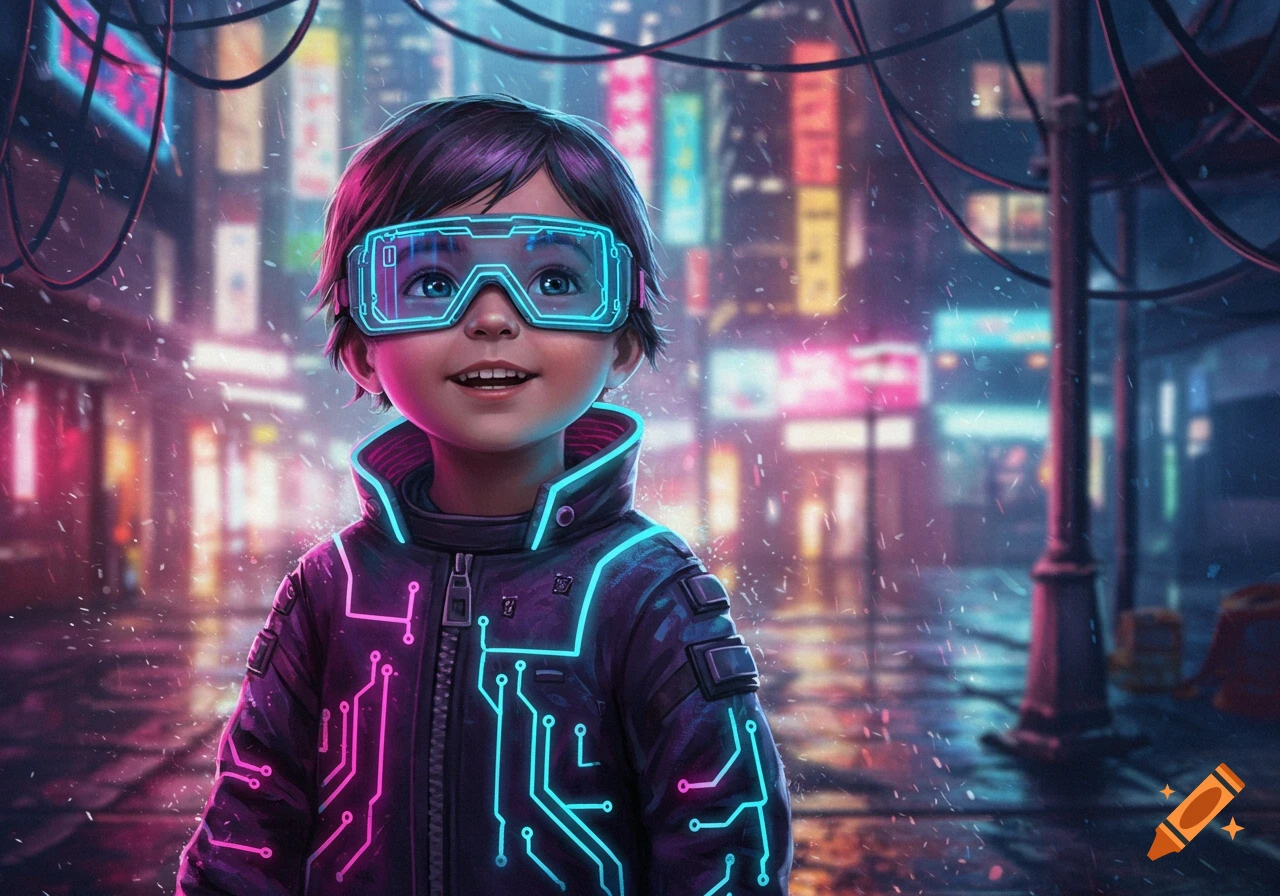 A young child wearing glowing cyberpunk glasses and a circuit-patterned jacket stands in a neon-lit, rainy city.