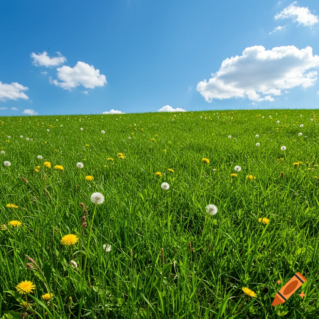 A vibrant green grassy hill dotted with yellow and white dandelions under a bright blue sky with white clouds.