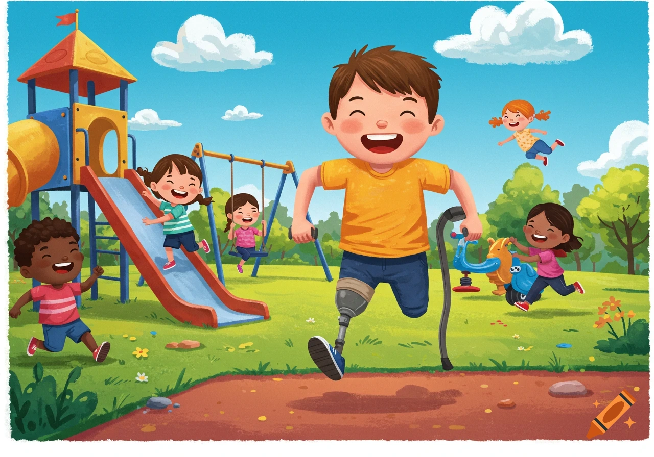 Cartoon illustration of happy children playing in a colorful playground, one child has a prosthetic leg.