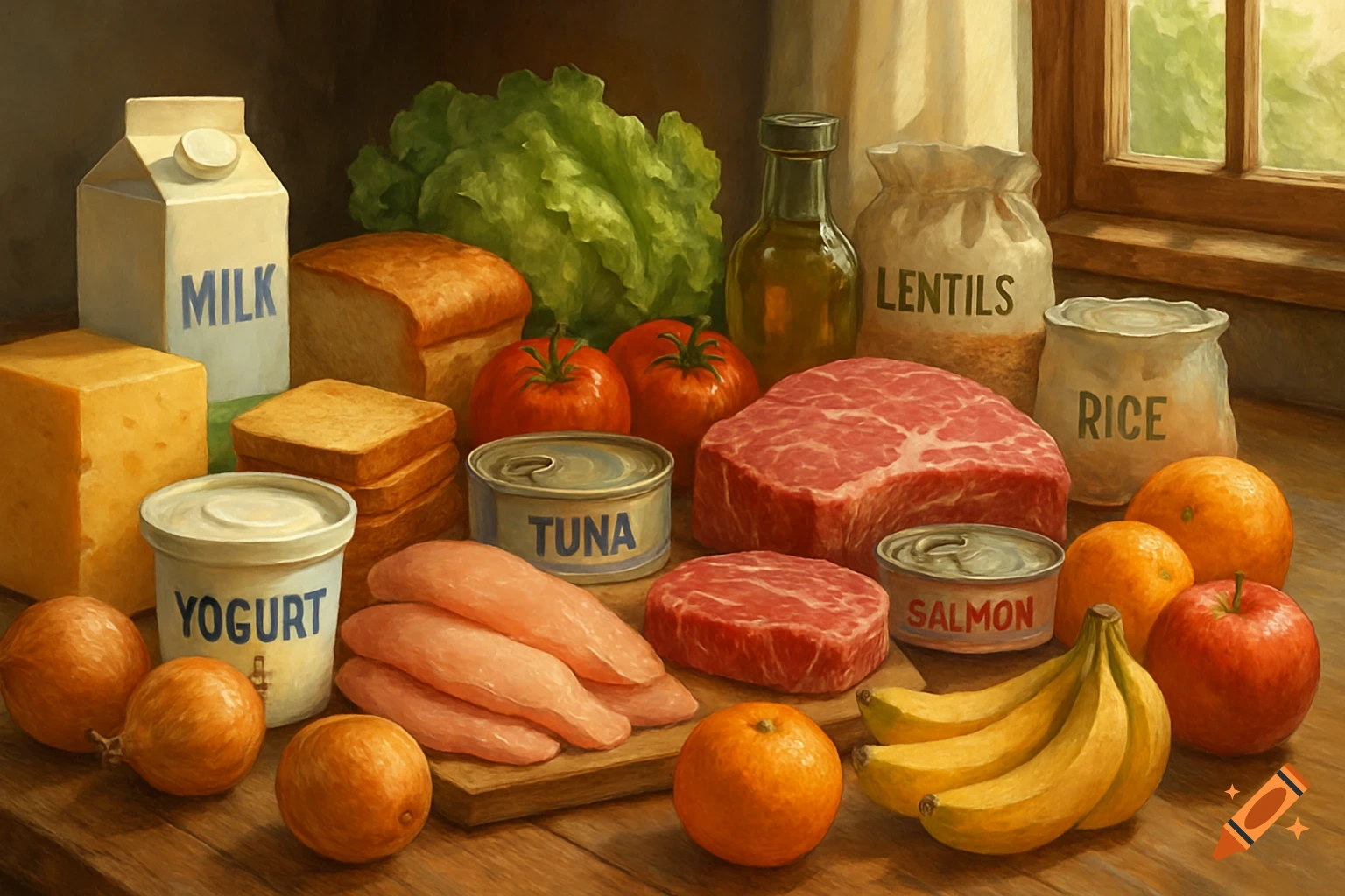 A painting of a still life with various groceries including milk, cheese, yogurt, raw meat, fish cans, bread, vegetables, and fruits on a wooden table.