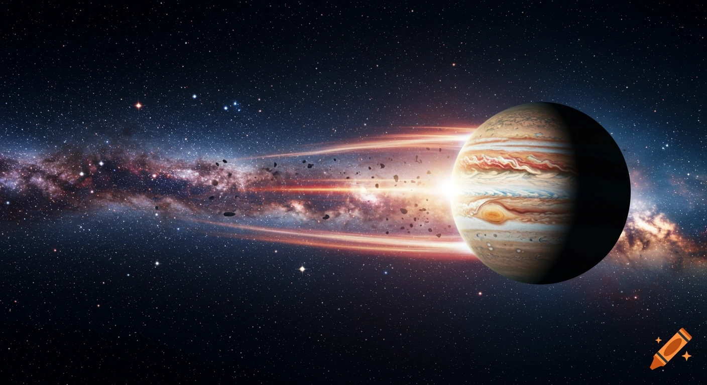 Jupiter warps through a vibrant, star-filled galaxy, leaving a bright trail of light and debris.