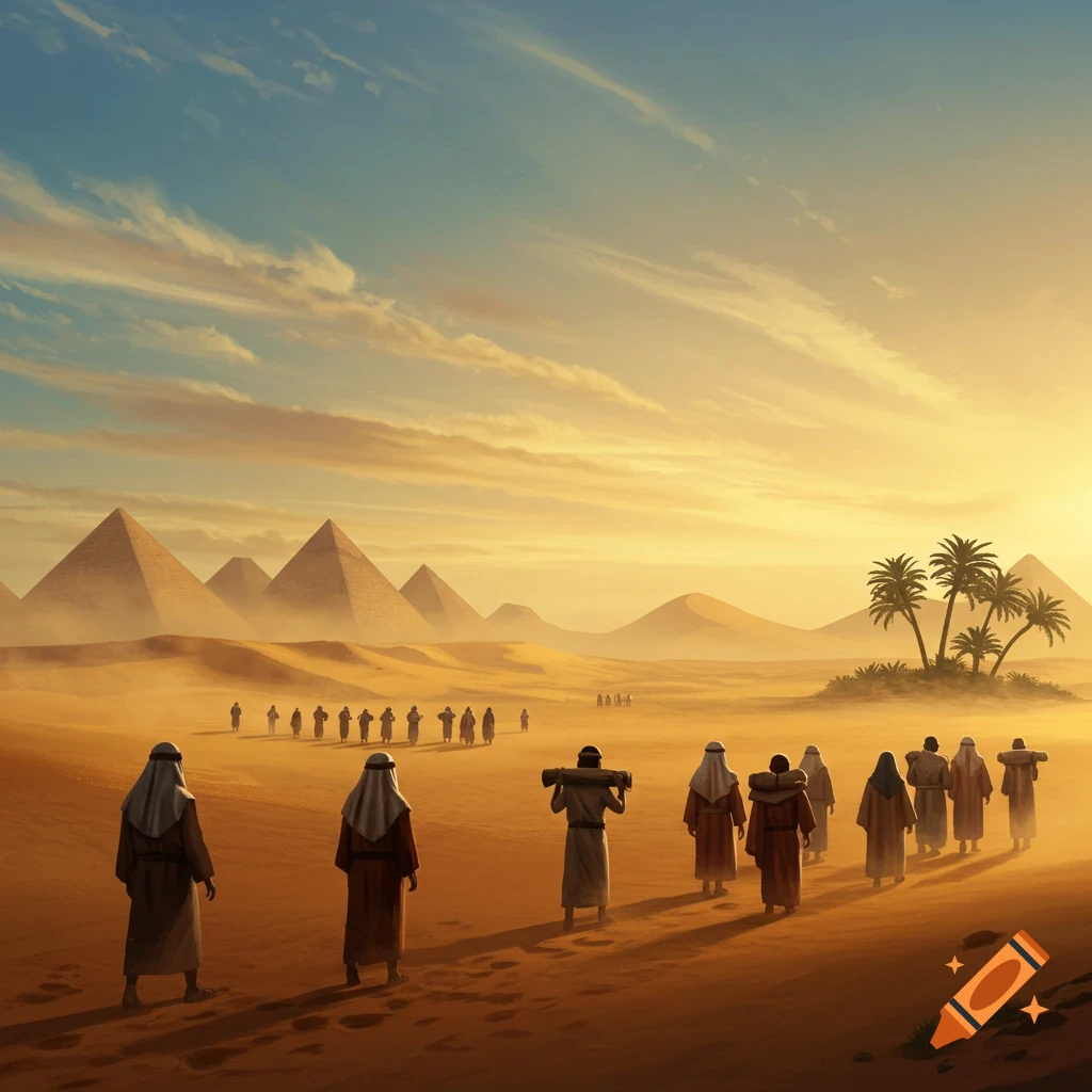 People in ancient robes walk across a vast desert towards pyramids under a warm, cloudy sky.