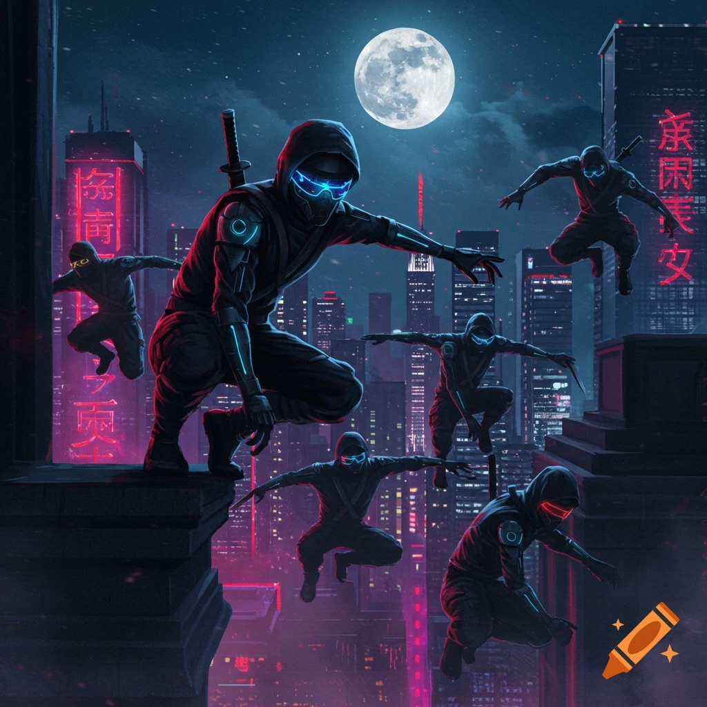 Cyberpunk ninjas with glowing accents navigate a futuristic city skyline at night under a full moon.