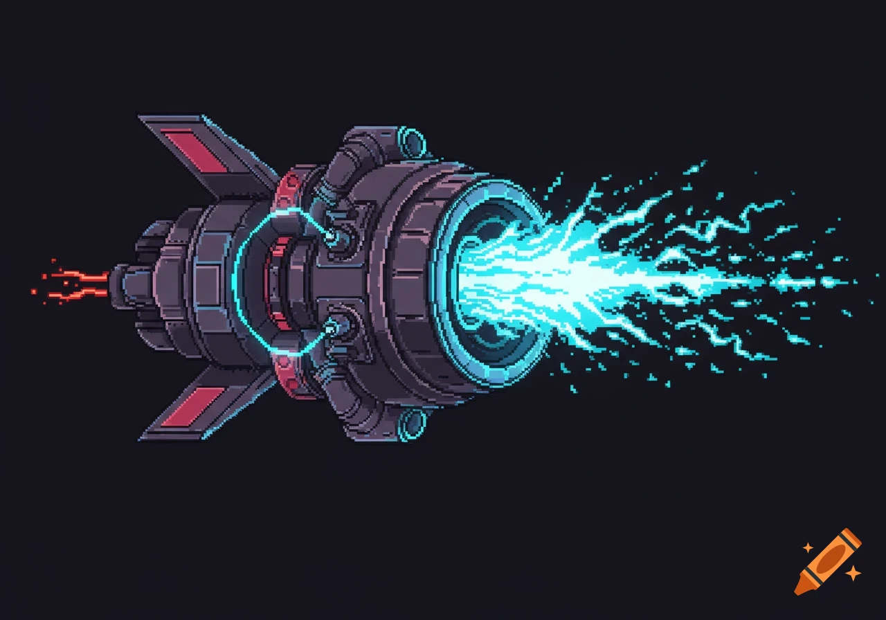 A retro pixel art spaceship engine emits glowing cyan and blue plasma exhaust with sparks and electric arcs.