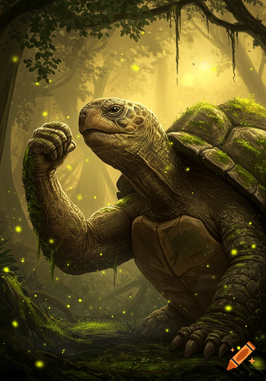 A huge, muscular turtle flexing its arm in a magical, glowing forest, digital art.