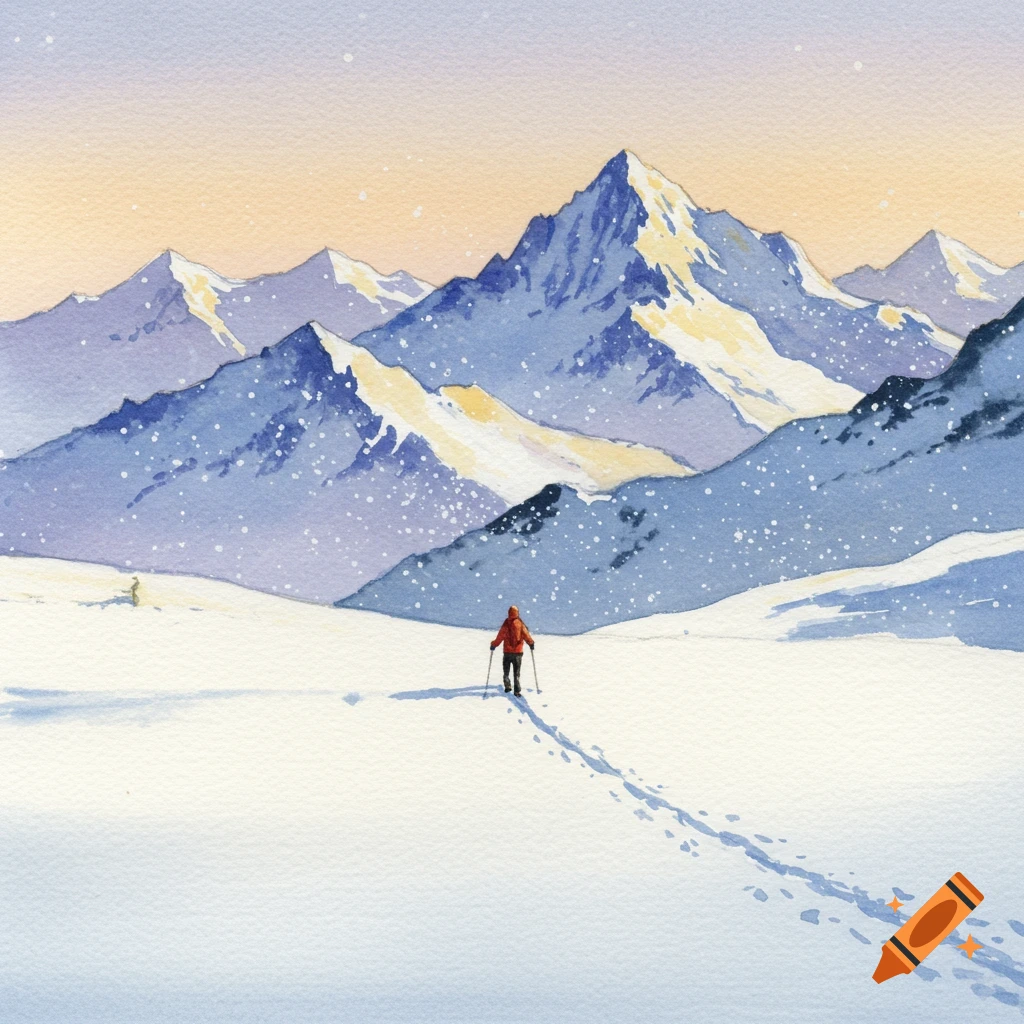 A watercolor painting of a person snowshoeing through a snowy mountain landscape with falling snow.