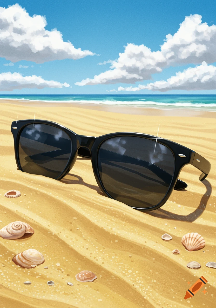 Black sunglasses resting on a sandy beach with seashells, ocean, and a blue sky with clouds in the background, in an illustrative style.