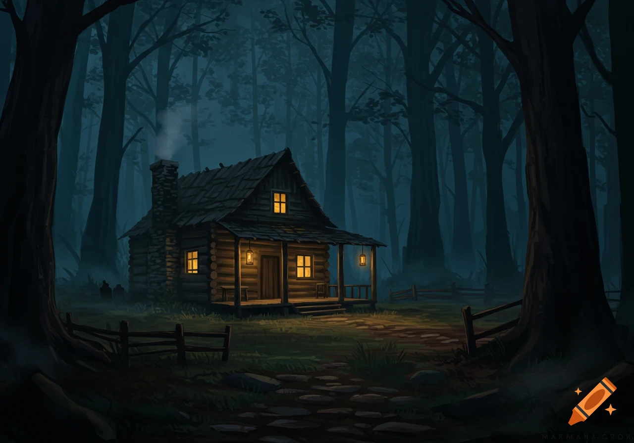 A warm, glowing log cabin in a dark, misty forest at night, illuminated by lanterns and windows in an illustrative style.