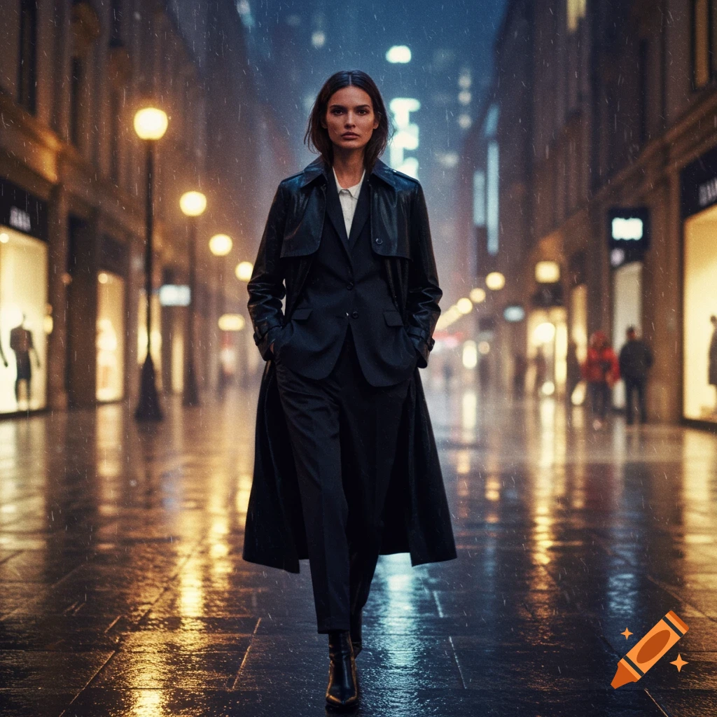 A woman in a black trench coat and suit walks down a wet city street at night in the rain, illuminated by blurry storefront lights.