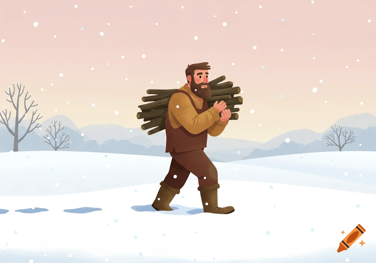 Cartoon man with a beard walks through deep snow carrying a bundle of firewood on a winter morning.